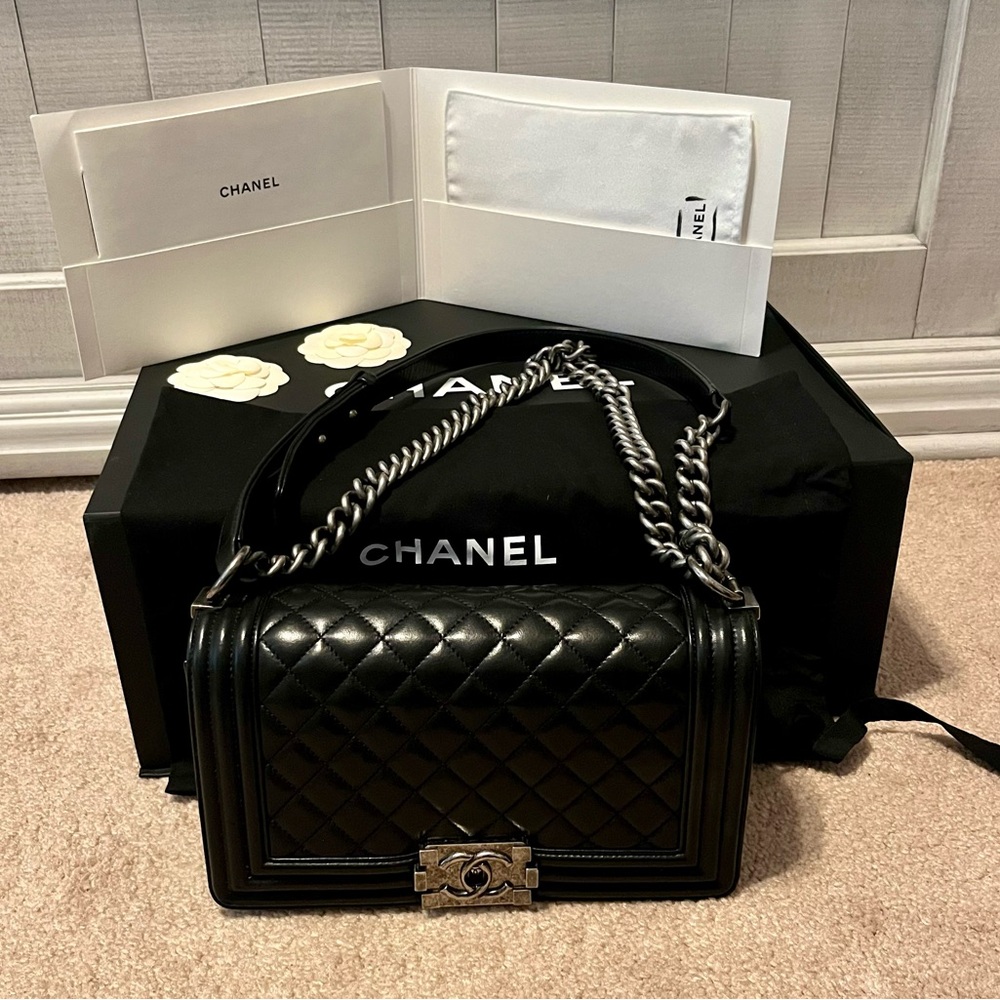 Authentic Medium Chanel Boy in Black Lambskin